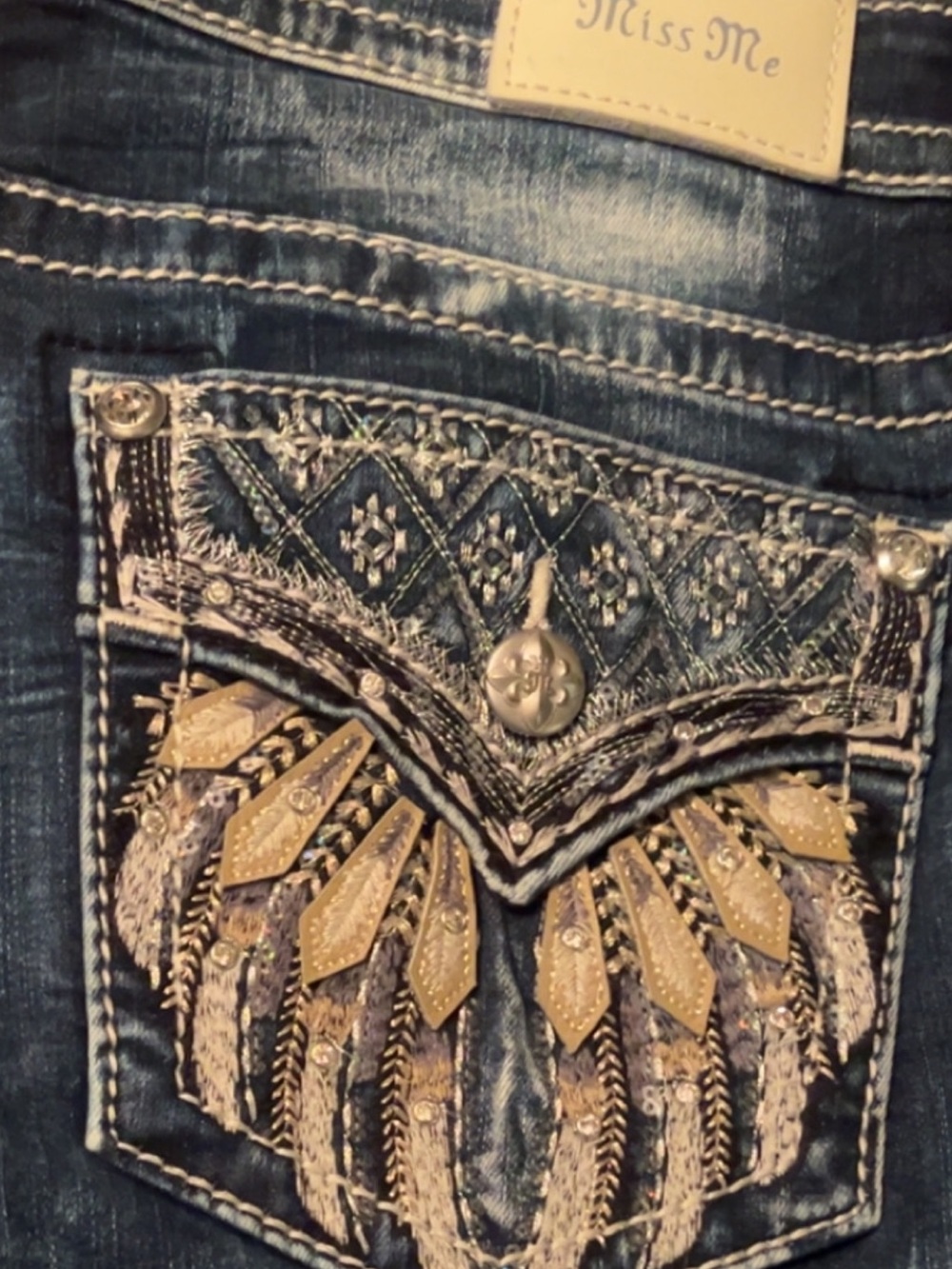 Miss Me Blue Embroidered Boot Cut Jeans with Gold Accent Pocket
